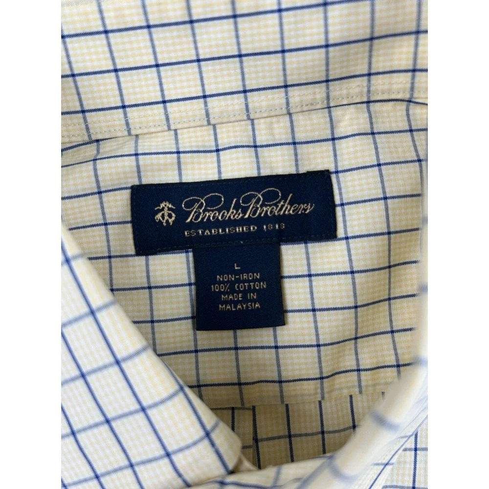 Brooks Brothers Mens Large Short Sleeve Shirt Button Down‎ Yellow Plaid *STAINS*